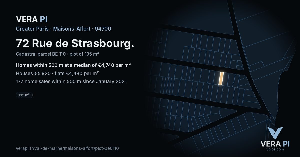 72 Rue de Strasbourg, Maisons-Alfort at night – the plot lit, the parcels around coloured by the prices near them