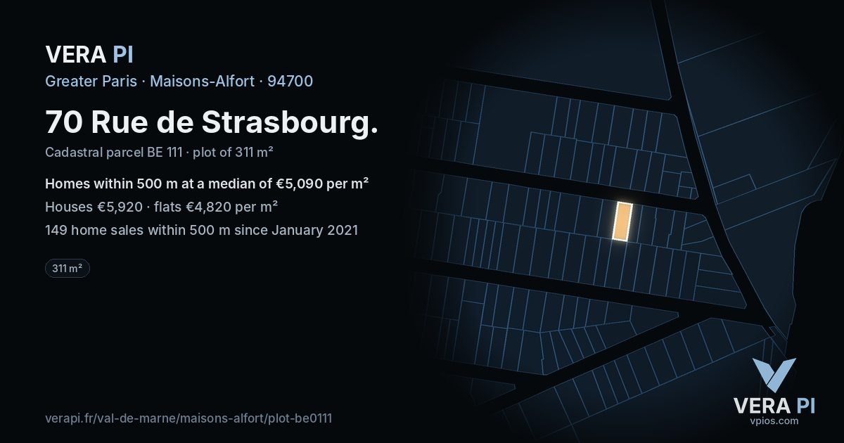 70 Rue de Strasbourg, Maisons-Alfort at night – the plot lit, the parcels around coloured by the prices near them