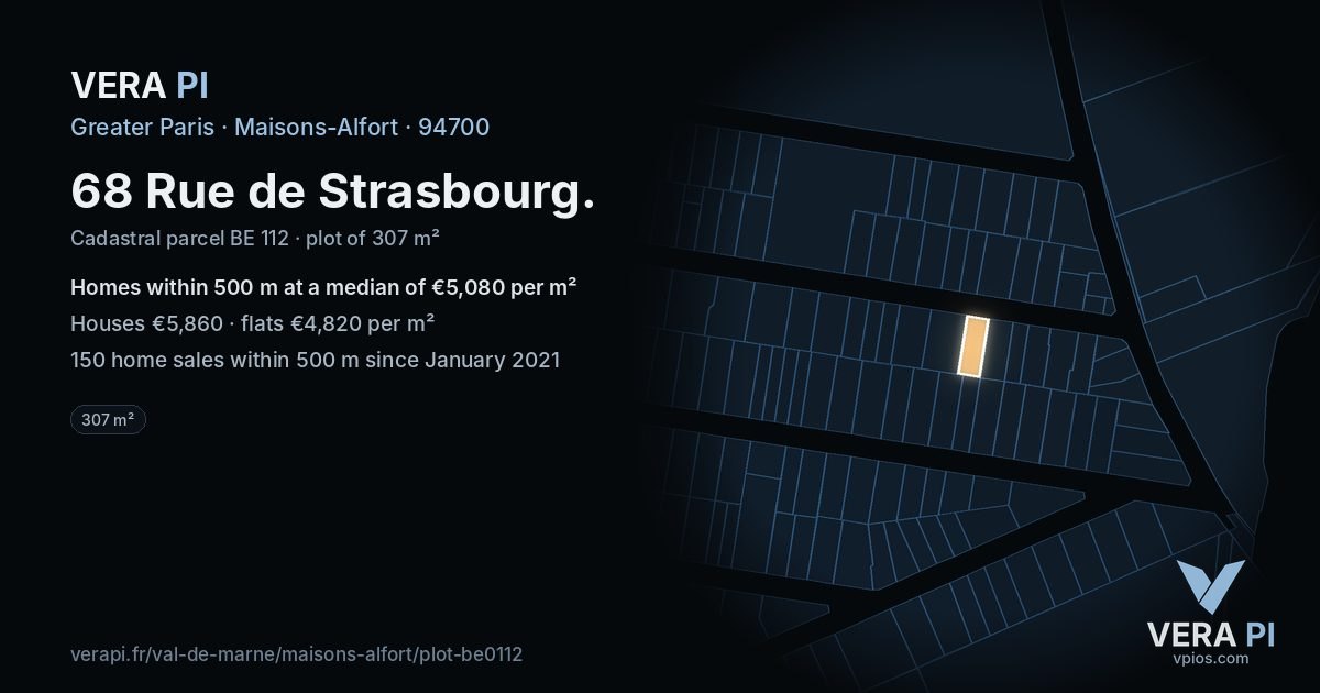 68 Rue de Strasbourg, Maisons-Alfort at night – the plot lit, the parcels around coloured by the prices near them