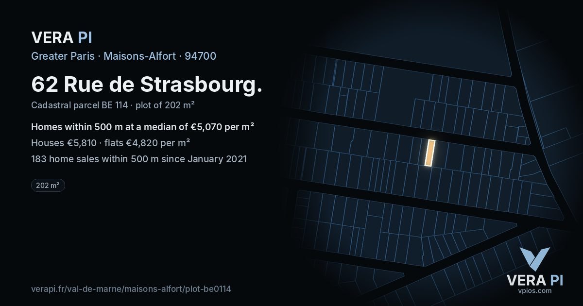 62 Rue de Strasbourg, Maisons-Alfort at night – the plot lit, the parcels around coloured by the prices near them