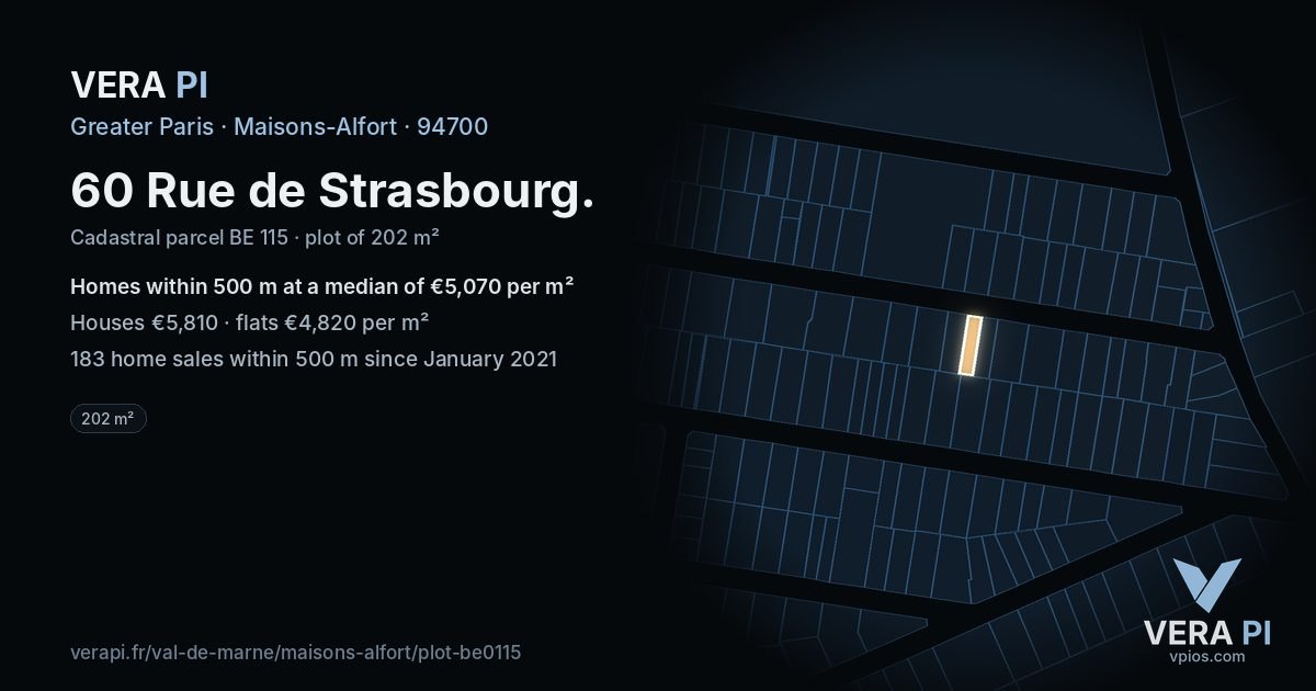 60 Rue de Strasbourg, Maisons-Alfort at night – the plot lit, the parcels around coloured by the prices near them