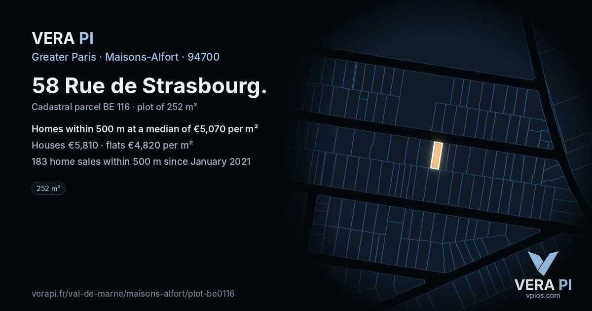 58 Rue de Strasbourg, Maisons-Alfort at night – the plot lit, the parcels around coloured by the prices near them