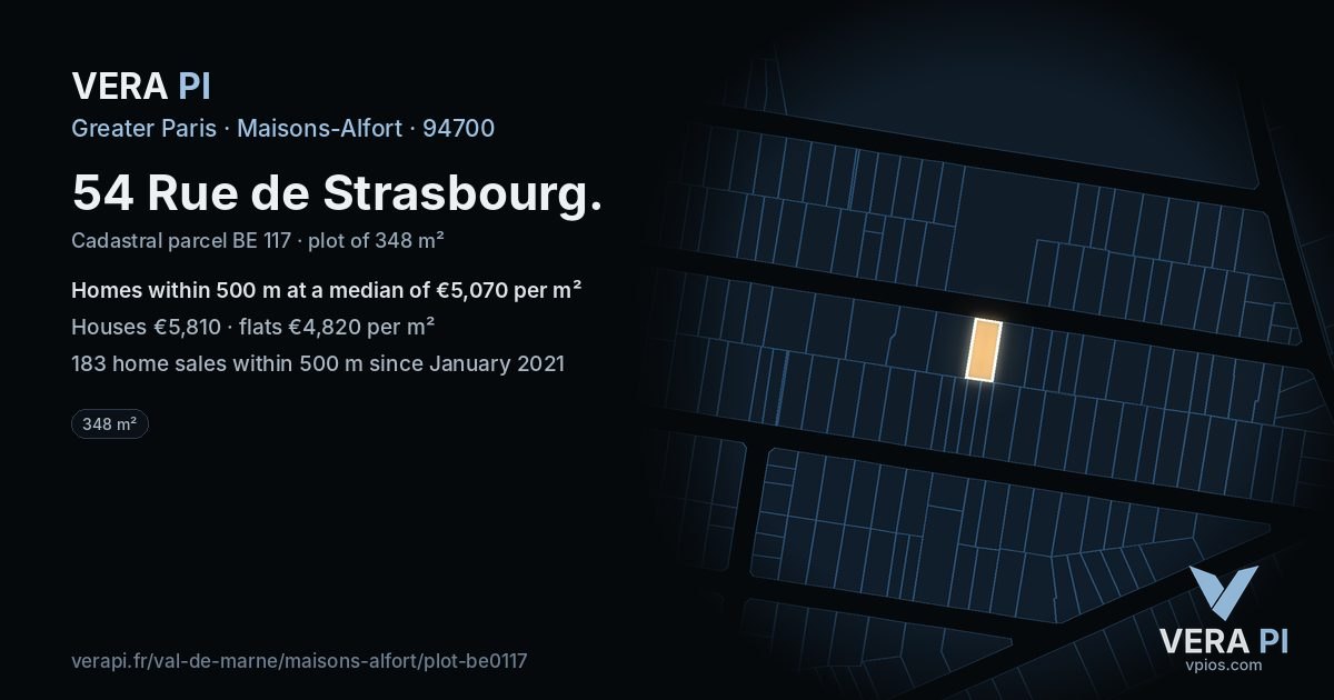 54 Rue de Strasbourg, Maisons-Alfort at night – the plot lit, the parcels around coloured by the prices near them