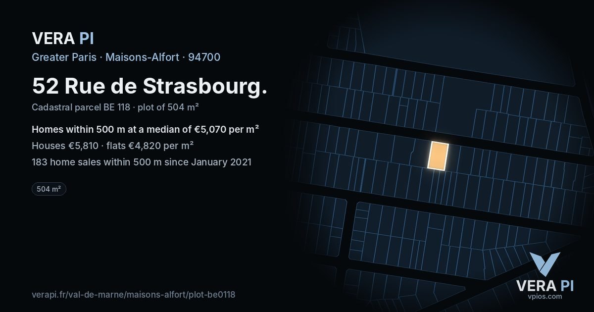 52 Rue de Strasbourg, Maisons-Alfort at night – the plot lit, the parcels around coloured by the prices near them