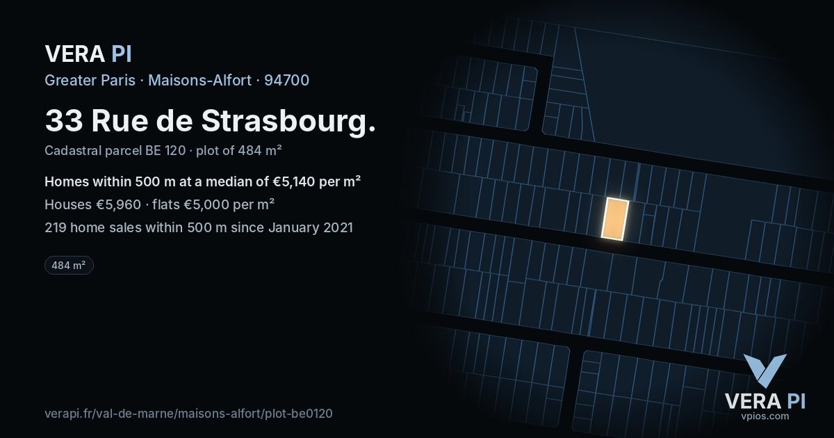 33 Rue de Strasbourg, Maisons-Alfort at night – the plot lit, the parcels around coloured by the prices near them