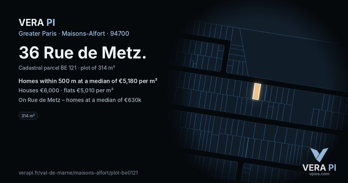 36 Rue de Metz, Maisons-Alfort at night – the plot lit, the parcels around coloured by the prices near them