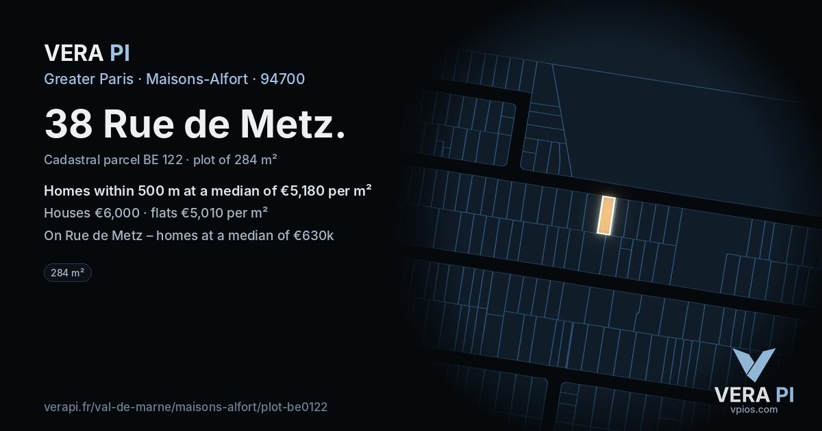 38 Rue de Metz, Maisons-Alfort at night – the plot lit, the parcels around coloured by the prices near them
