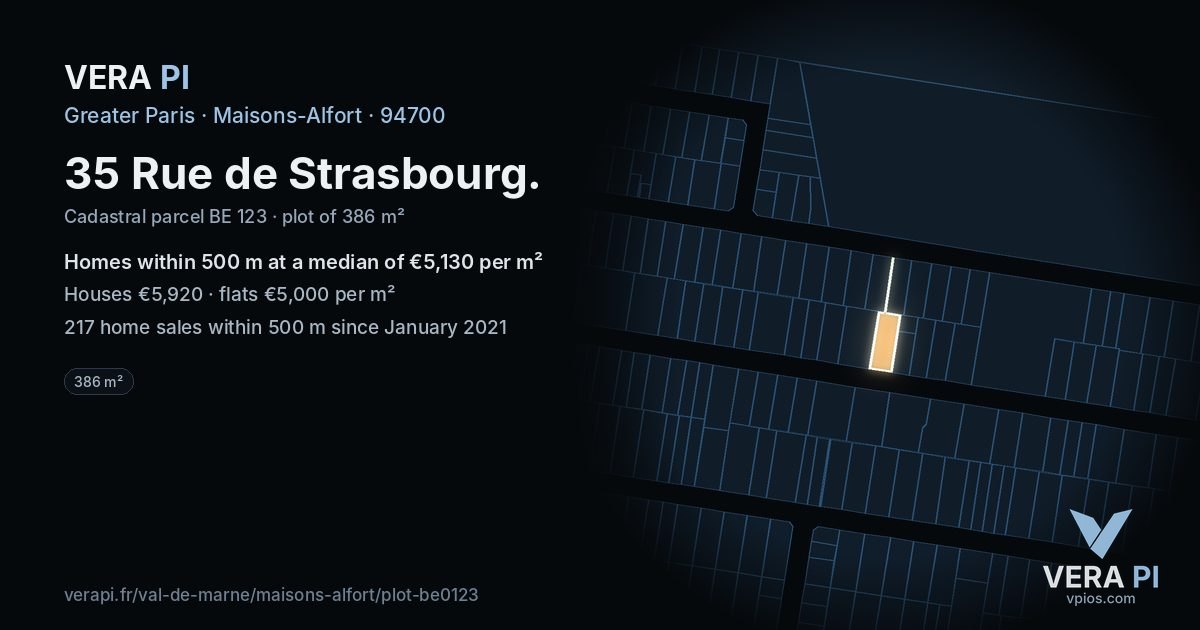 35 Rue de Strasbourg, Maisons-Alfort at night – the plot lit, the parcels around coloured by the prices near them