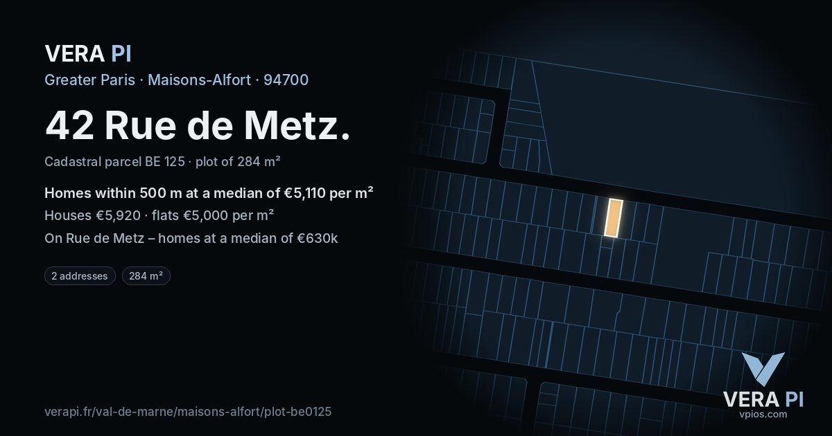 42 Rue de Metz, Maisons-Alfort at night – the plot lit, the parcels around coloured by the prices near them
