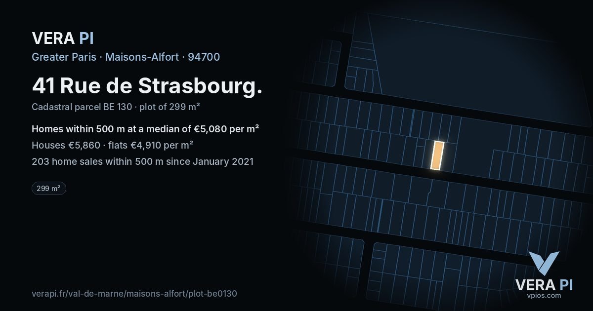 41 Rue de Strasbourg, Maisons-Alfort at night – the plot lit, the parcels around coloured by the prices near them