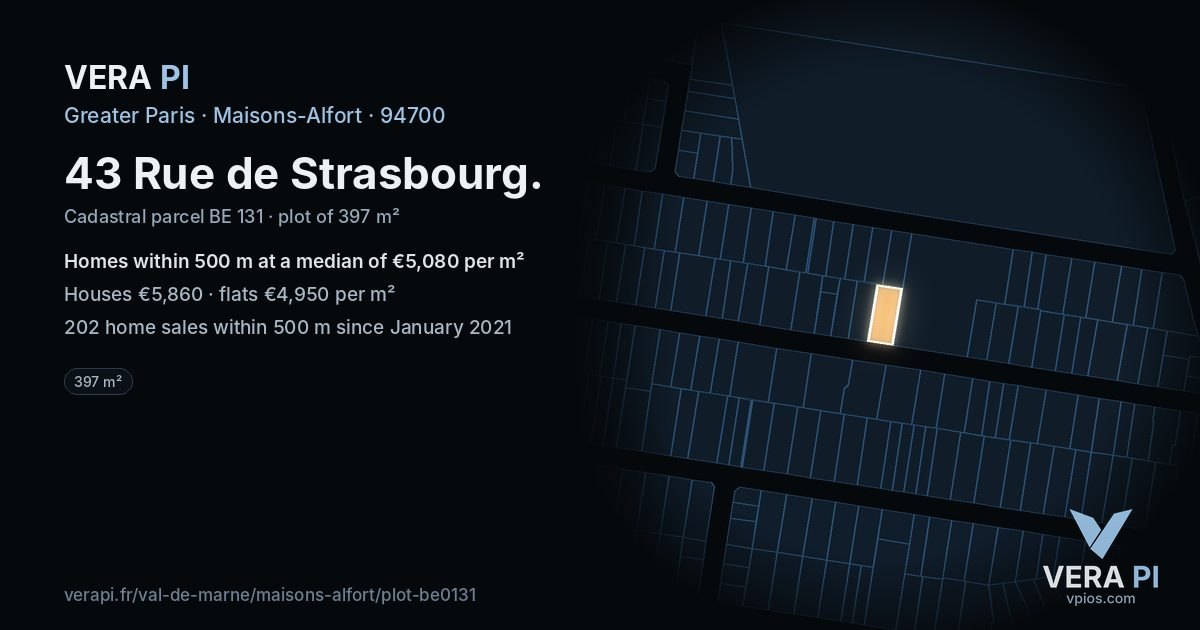43 Rue de Strasbourg, Maisons-Alfort at night – the plot lit, the parcels around coloured by the prices near them