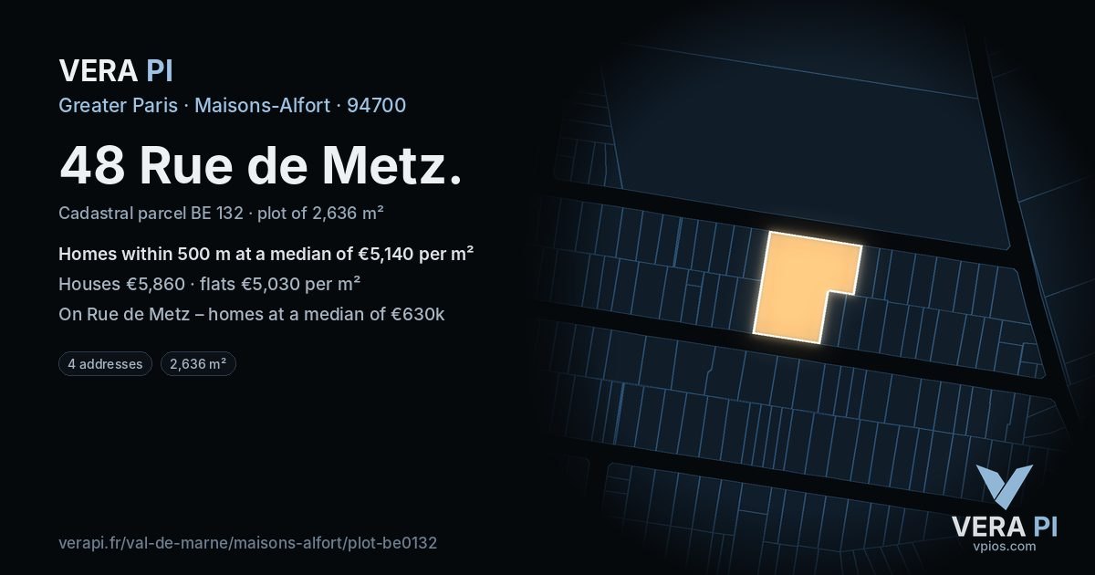 48 Rue de Metz, Maisons-Alfort at night – the plot lit, the parcels around coloured by the prices near them