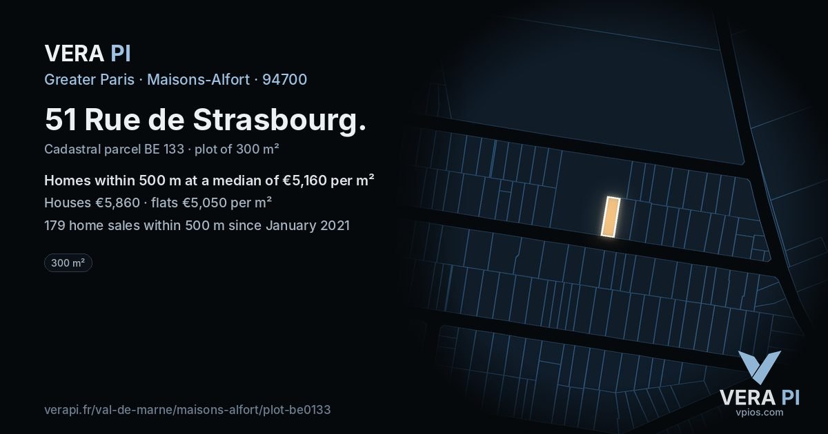 51 Rue de Strasbourg, Maisons-Alfort at night – the plot lit, the parcels around coloured by the prices near them