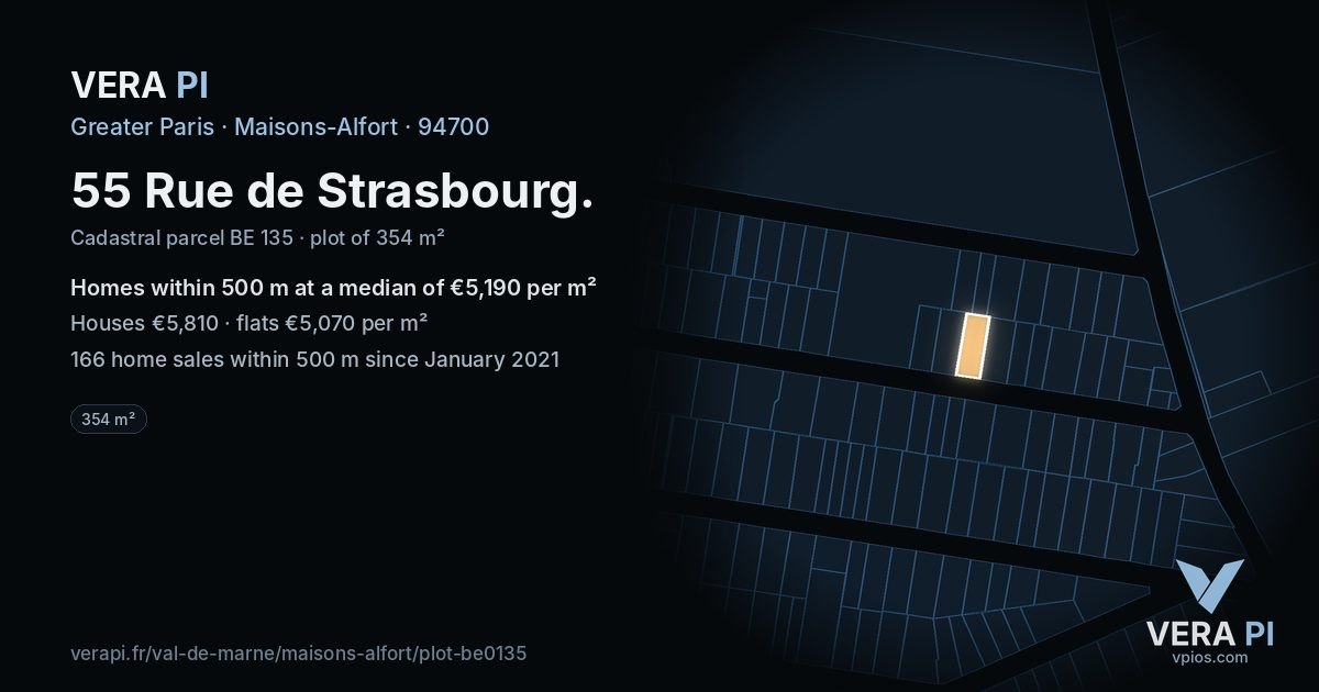 55 Rue de Strasbourg, Maisons-Alfort at night – the plot lit, the parcels around coloured by the prices near them