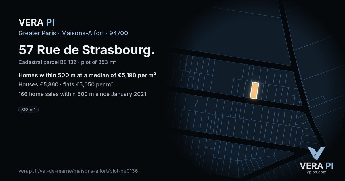 57 Rue de Strasbourg, Maisons-Alfort at night – the plot lit, the parcels around coloured by the prices near them