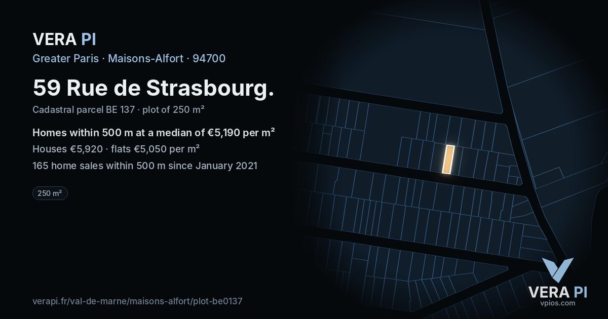 59 Rue de Strasbourg, Maisons-Alfort at night – the plot lit, the parcels around coloured by the prices near them