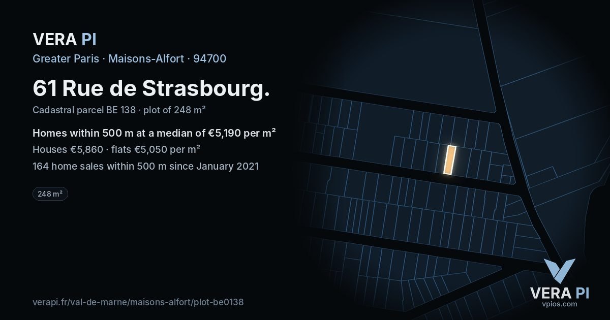 61 Rue de Strasbourg, Maisons-Alfort at night – the plot lit, the parcels around coloured by the prices near them