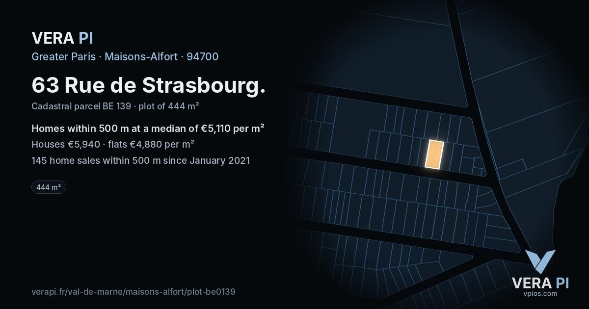 63 Rue de Strasbourg, Maisons-Alfort at night – the plot lit, the parcels around coloured by the prices near them