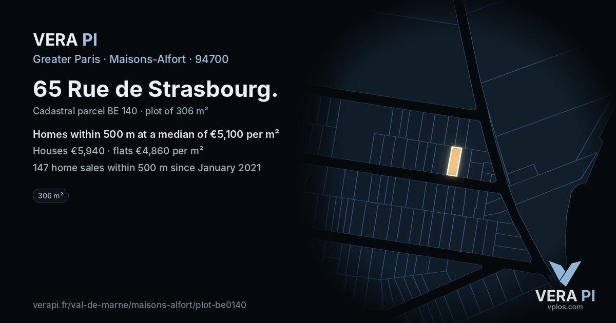 65 Rue de Strasbourg, Maisons-Alfort at night – the plot lit, the parcels around coloured by the prices near them