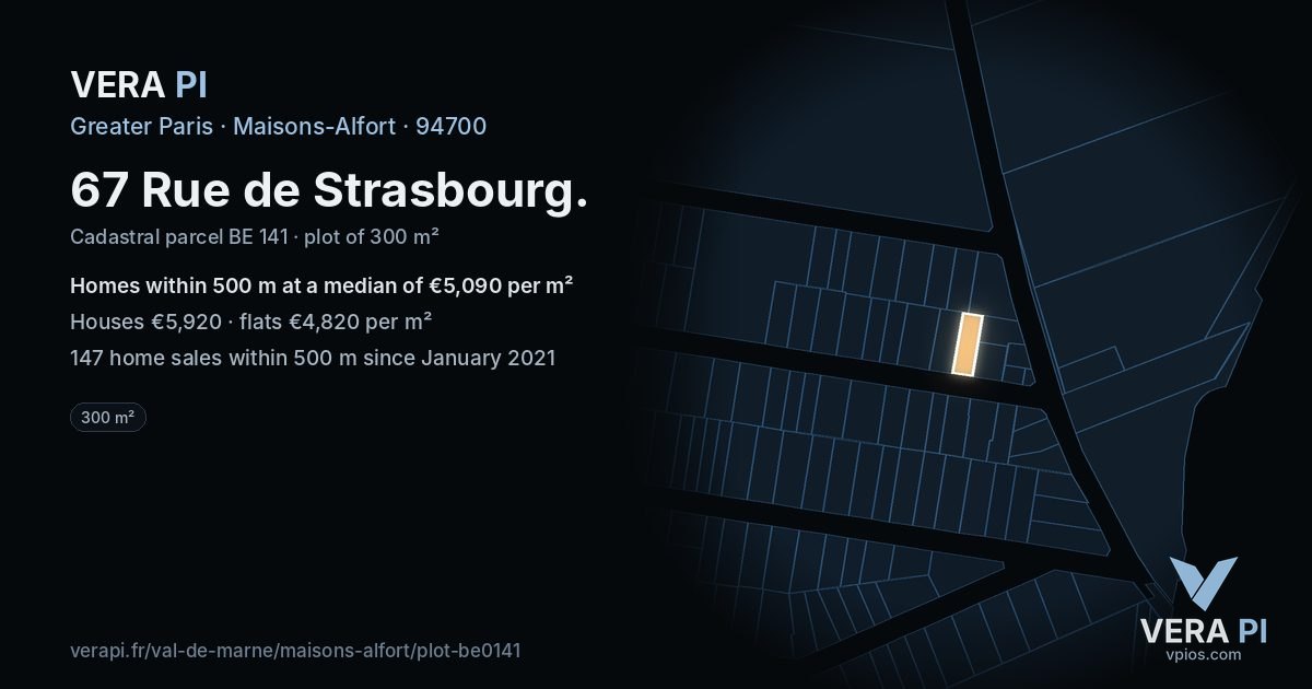 67 Rue de Strasbourg, Maisons-Alfort at night – the plot lit, the parcels around coloured by the prices near them