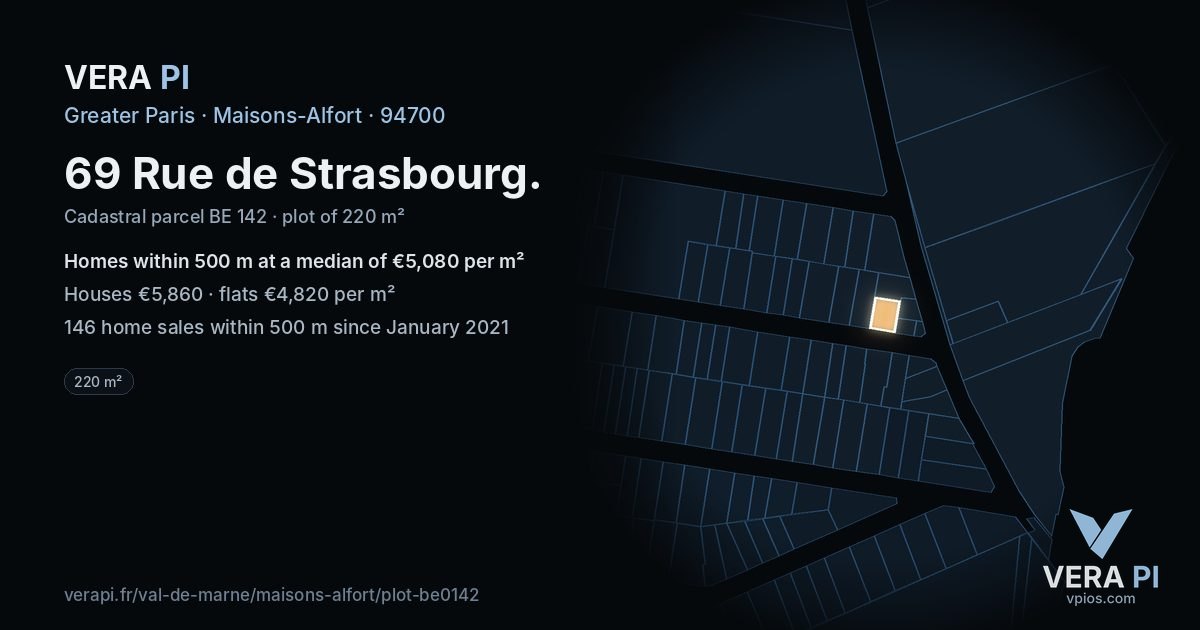 69 Rue de Strasbourg, Maisons-Alfort at night – the plot lit, the parcels around coloured by the prices near them