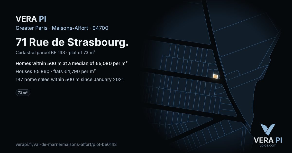 71 Rue de Strasbourg, Maisons-Alfort at night – the plot lit, the parcels around coloured by the prices near them