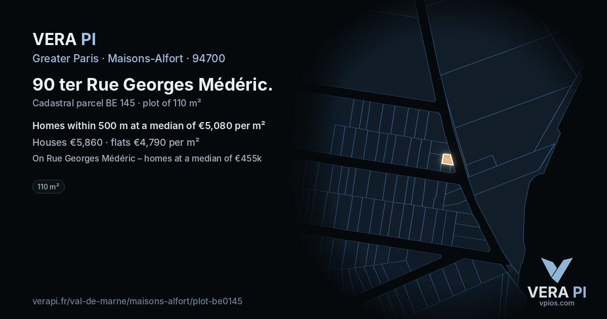 90 ter Rue Georges Médéric, Maisons-Alfort at night – the plot lit, the parcels around coloured by the prices near them