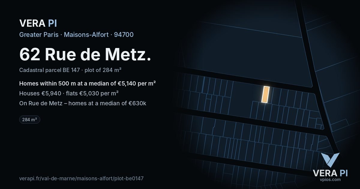 62 Rue de Metz, Maisons-Alfort at night – the plot lit, the parcels around coloured by the prices near them