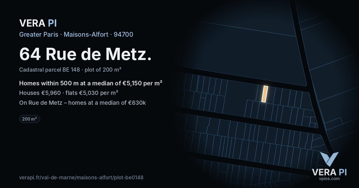 64 Rue de Metz, Maisons-Alfort at night – the plot lit, the parcels around coloured by the prices near them