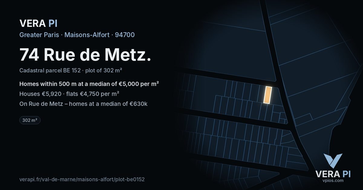 74 Rue de Metz, Maisons-Alfort at night – the plot lit, the parcels around coloured by the prices near them