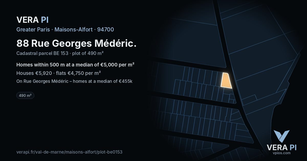 88 Rue Georges Médéric, Maisons-Alfort at night – the plot lit, the parcels around coloured by the prices near them