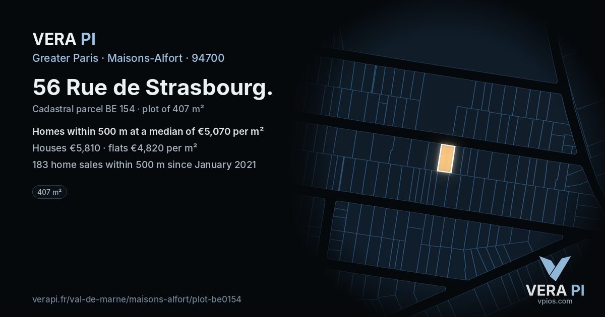 56 Rue de Strasbourg, Maisons-Alfort at night – the plot lit, the parcels around coloured by the prices near them