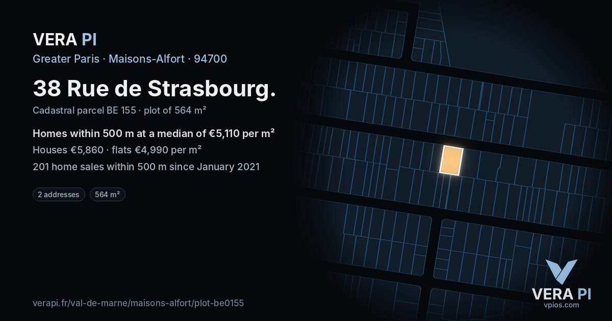38 Rue de Strasbourg, Maisons-Alfort at night – the plot lit, the parcels around coloured by the prices near them