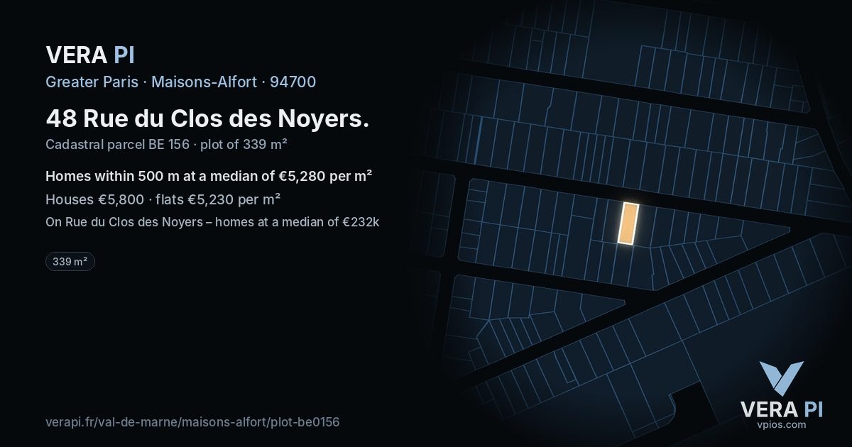 48 Rue du Clos des Noyers, Maisons-Alfort at night – the plot lit, the parcels around coloured by the prices near them