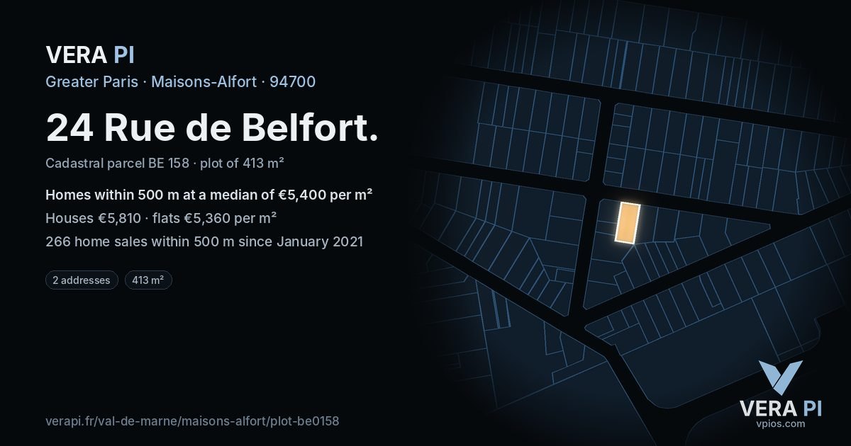 24 Rue de Belfort, Maisons-Alfort at night – the plot lit, the parcels around coloured by the prices near them