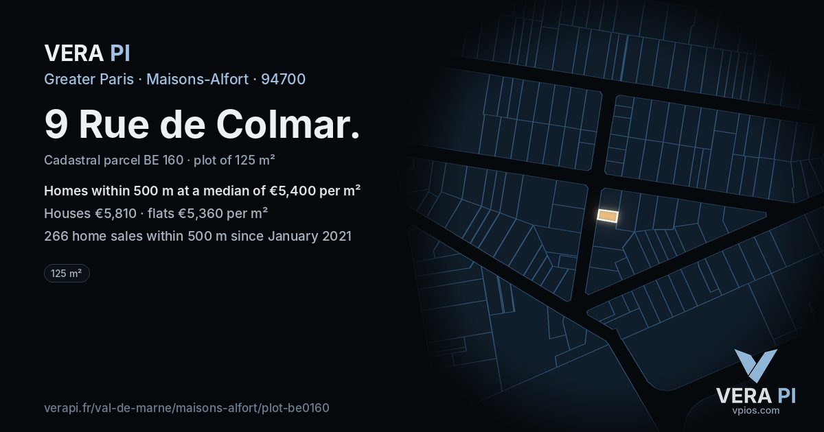 9 Rue de Colmar, Maisons-Alfort at night – the plot lit, the parcels around coloured by the prices near them