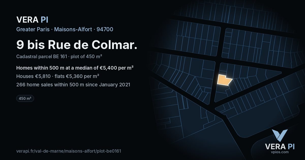 9 bis Rue de Colmar, Maisons-Alfort at night – the plot lit, the parcels around coloured by the prices near them