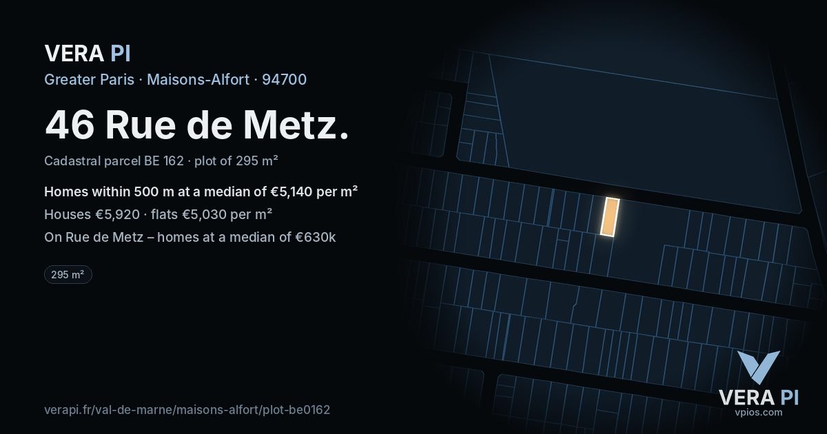 46 Rue de Metz, Maisons-Alfort at night – the plot lit, the parcels around coloured by the prices near them