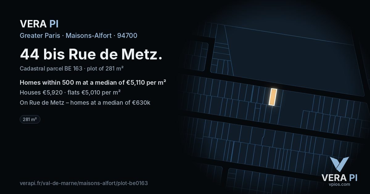 44 bis Rue de Metz, Maisons-Alfort at night – the plot lit, the parcels around coloured by the prices near them