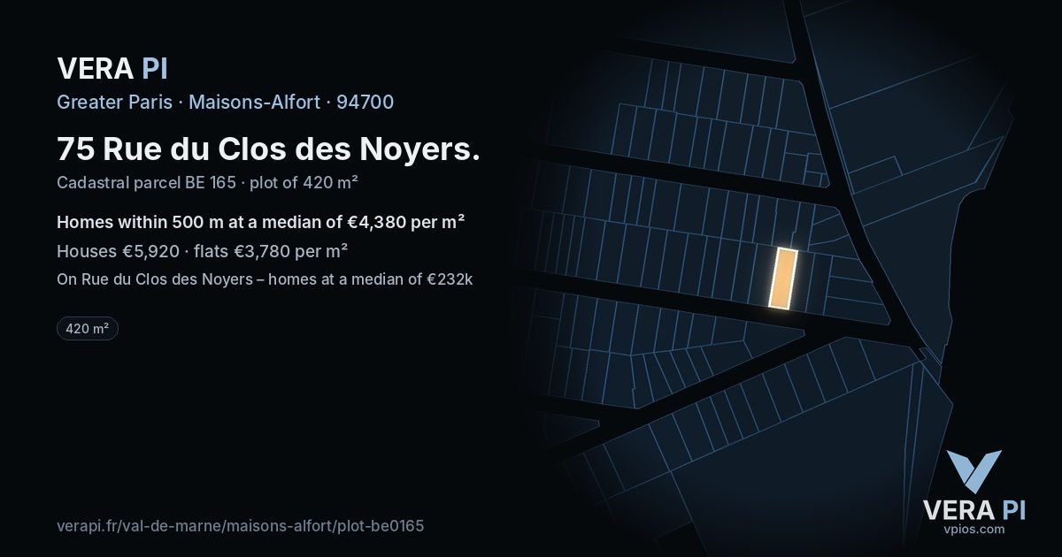 75 Rue du Clos des Noyers, Maisons-Alfort at night – the plot lit, the parcels around coloured by the prices near them