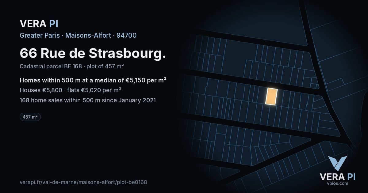 66 Rue de Strasbourg, Maisons-Alfort at night – the plot lit, the parcels around coloured by the prices near them