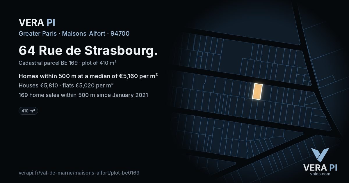 64 Rue de Strasbourg, Maisons-Alfort at night – the plot lit, the parcels around coloured by the prices near them