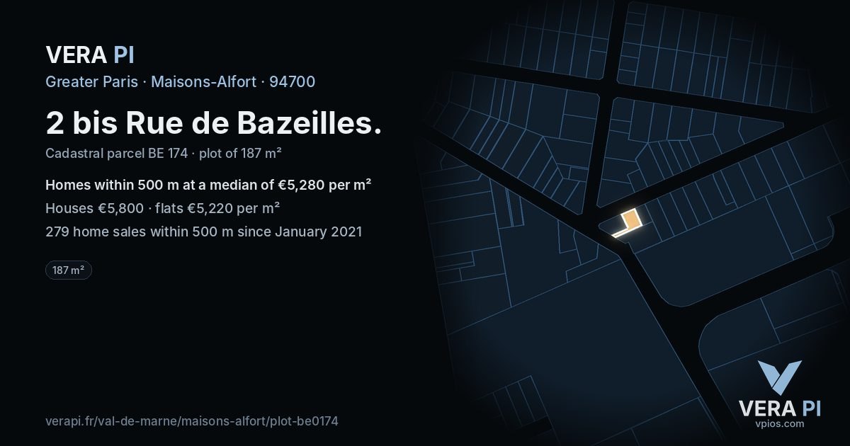 2 bis Rue de Bazeilles, Maisons-Alfort at night – the plot lit, the parcels around coloured by the prices near them