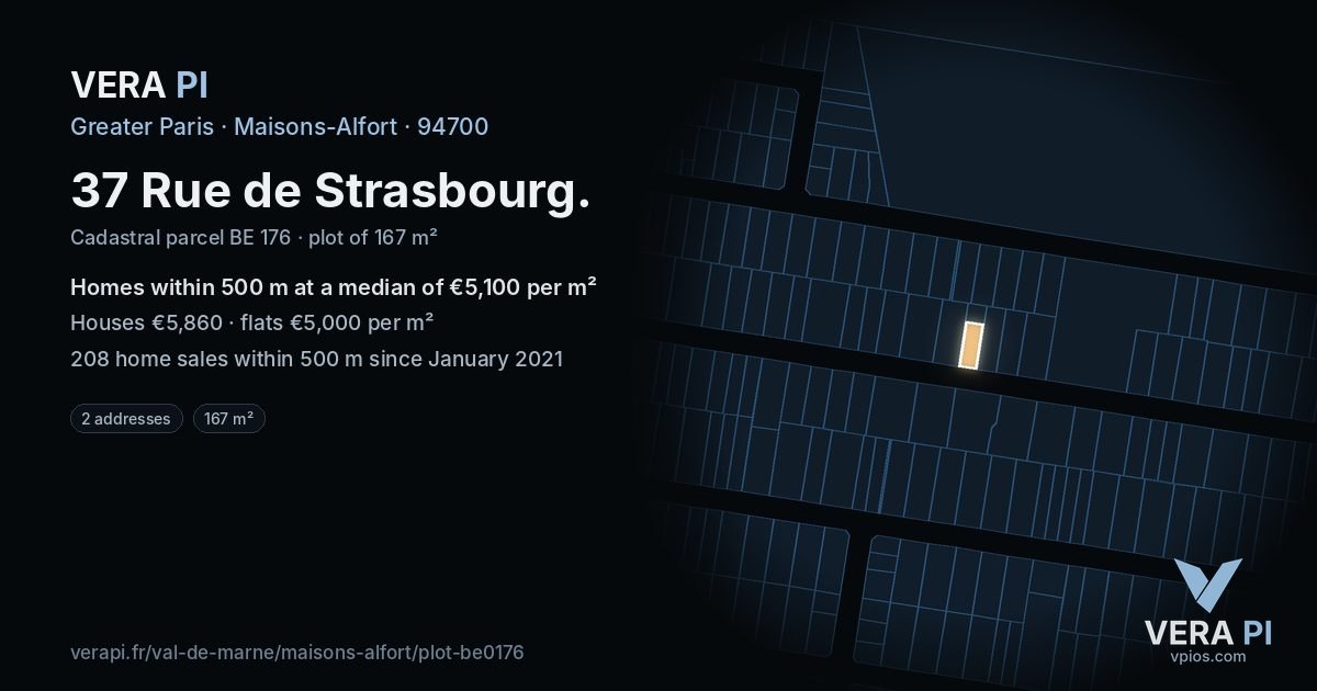 37 Rue de Strasbourg, Maisons-Alfort at night – the plot lit, the parcels around coloured by the prices near them