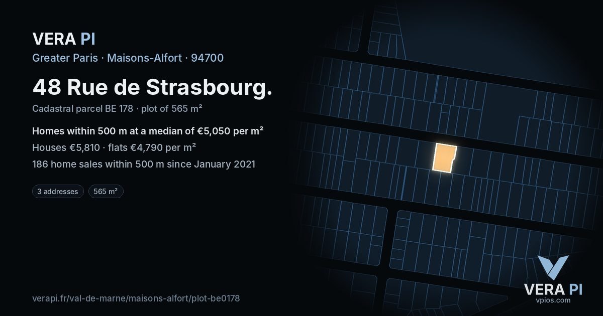 48 Rue de Strasbourg, Maisons-Alfort at night – the plot lit, the parcels around coloured by the prices near them