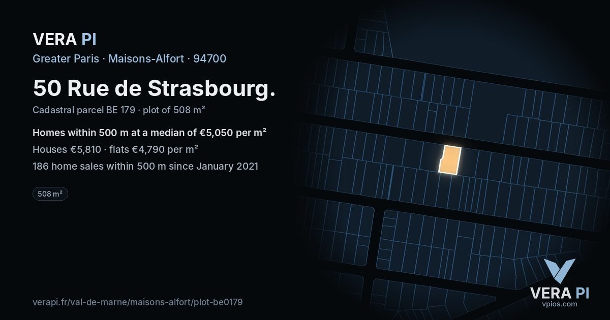 50 Rue de Strasbourg, Maisons-Alfort at night – the plot lit, the parcels around coloured by the prices near them