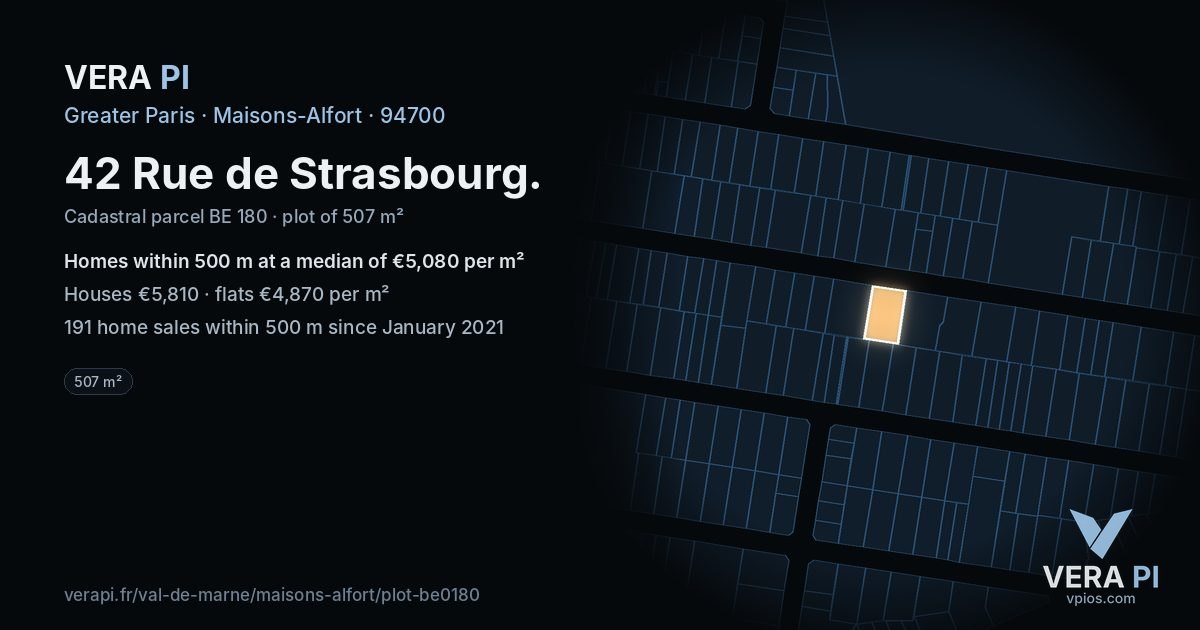 42 Rue de Strasbourg, Maisons-Alfort at night – the plot lit, the parcels around coloured by the prices near them