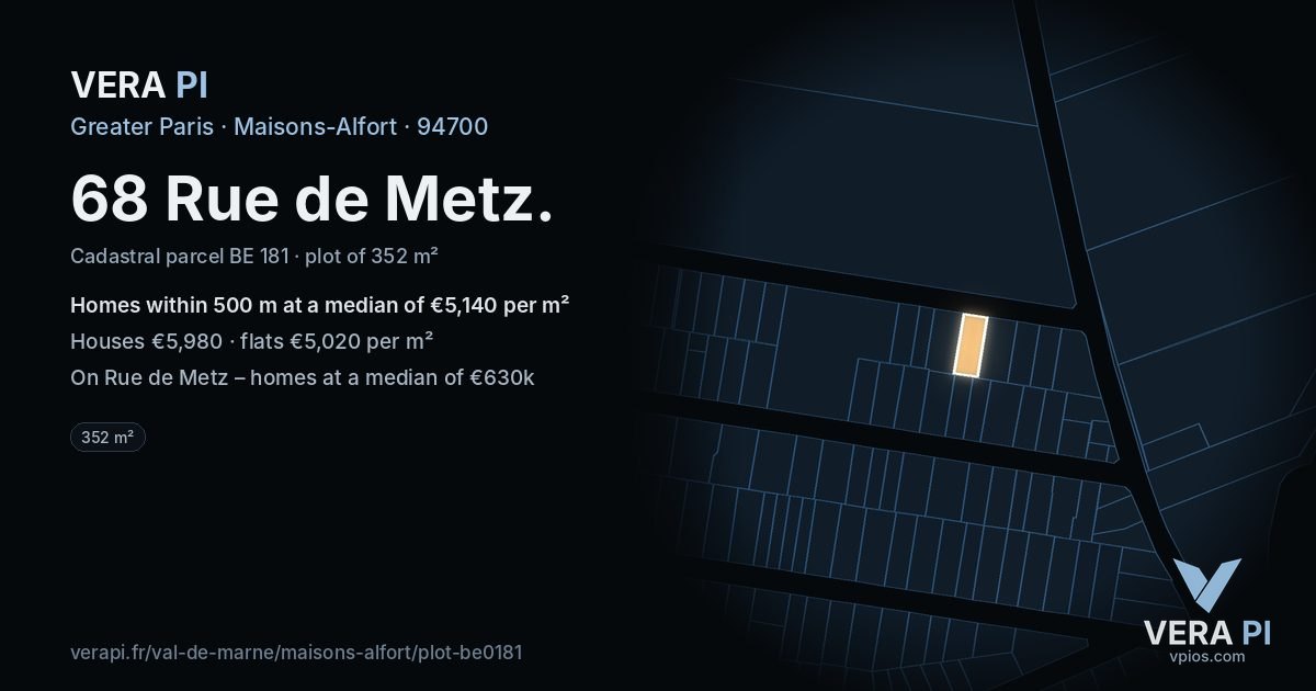 68 Rue de Metz, Maisons-Alfort at night – the plot lit, the parcels around coloured by the prices near them