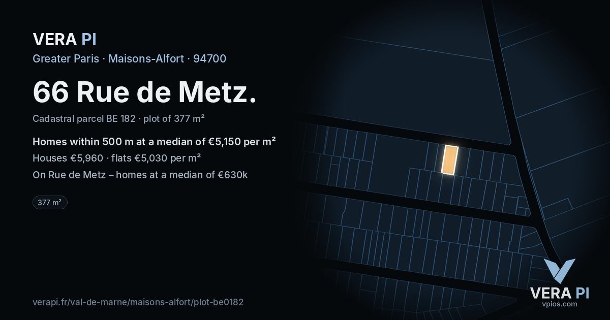 66 Rue de Metz, Maisons-Alfort at night – the plot lit, the parcels around coloured by the prices near them