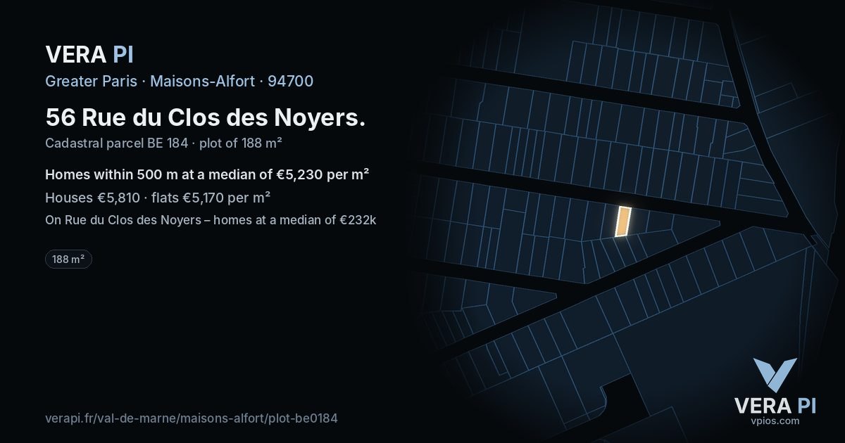 56 Rue du Clos des Noyers, Maisons-Alfort at night – the plot lit, the parcels around coloured by the prices near them